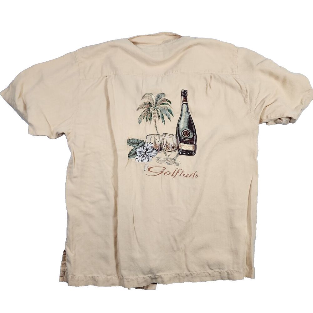 Luau VTG 100% Silk Golftails Graphic Embroidered Button Up Tropical Shirt Sz L‎